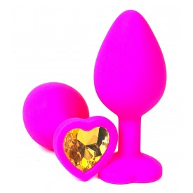 Розовая силиконовая пробка с оранжевым кристаллом-сердцем - 8,5 см.